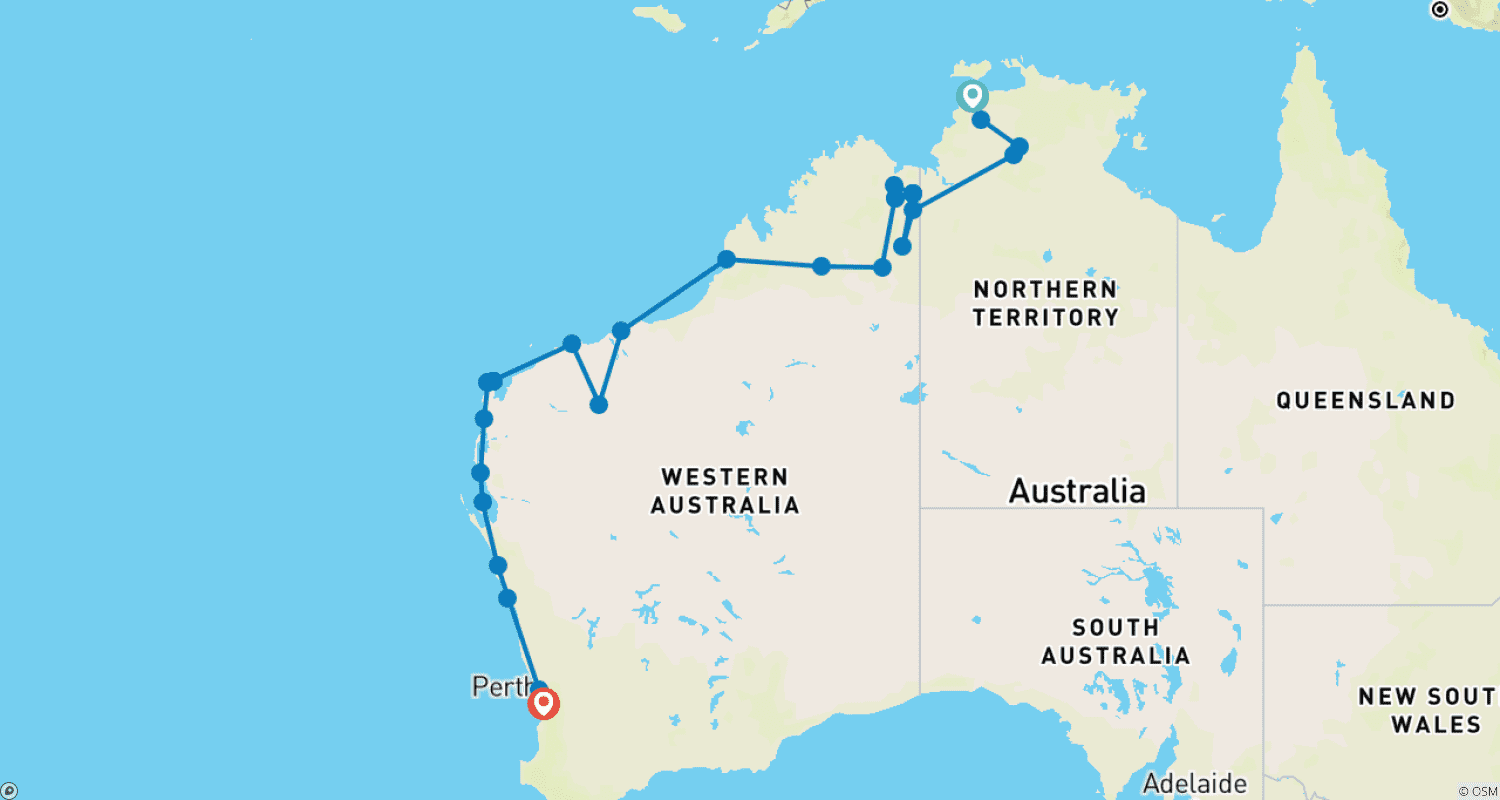 Mapa do percurso de Kimberley e Costa Oeste Selvagens (21 Dias)