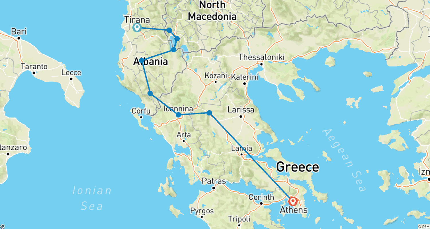 Mapa trasy: Tirana do Aten / Korfu; Półprywatna wycieczka z dedykowanym liderem wycieczki i samochodem