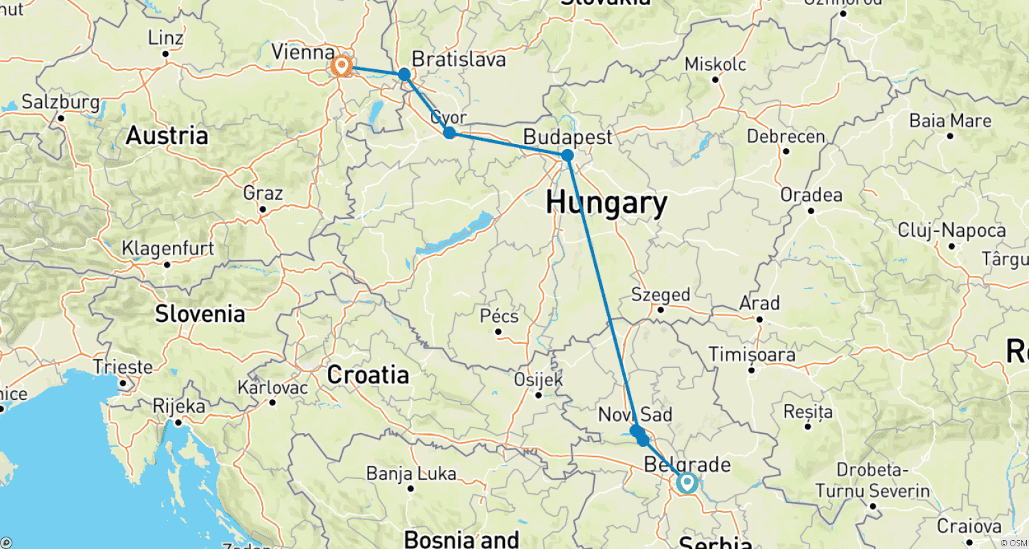 Mapa do percurso de Tour Semiprivado pelos Bálcãs e Europa Central de Belgrado a Viena