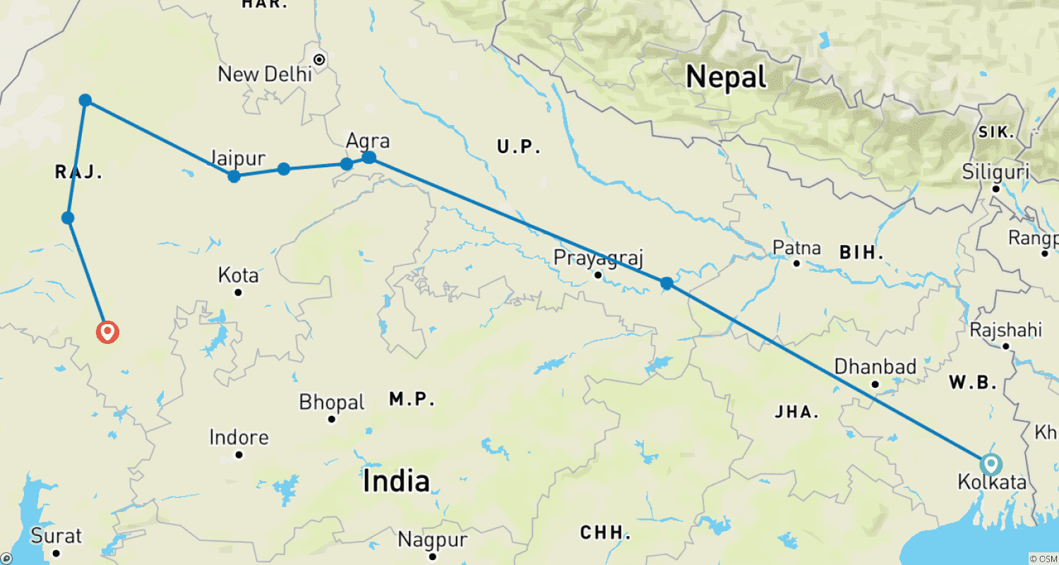 Mapa do percurso de Varanasi - Agra [Taj Mahal] & Excursão pelo Rajastão saindo de Kolkata [12 Dias]