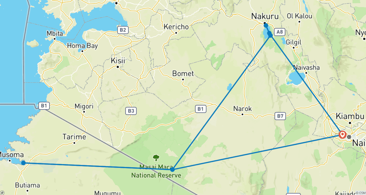 Mapa do percurso de Safári em Grupo de 4 Dias e 3 Noites em Masai Mara e Lago Nakuru Usando um Jeep Landcruiser 4x4