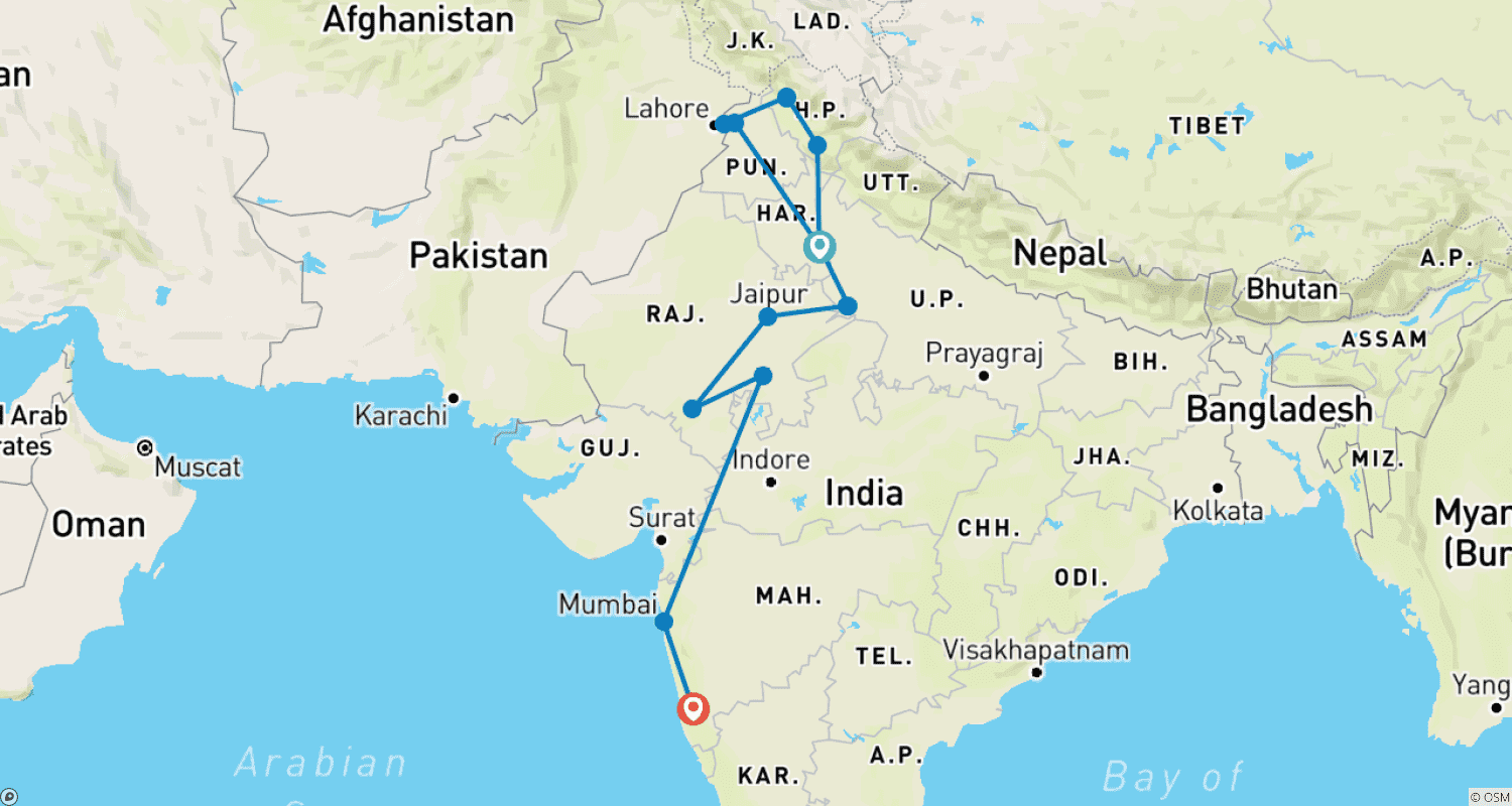 Mapa do percurso de Norte da Índia, Amritsar [Templo Dourado], Passeio de Trem de Brinquedo de Shimla, Rajastão e Goa de Trem.