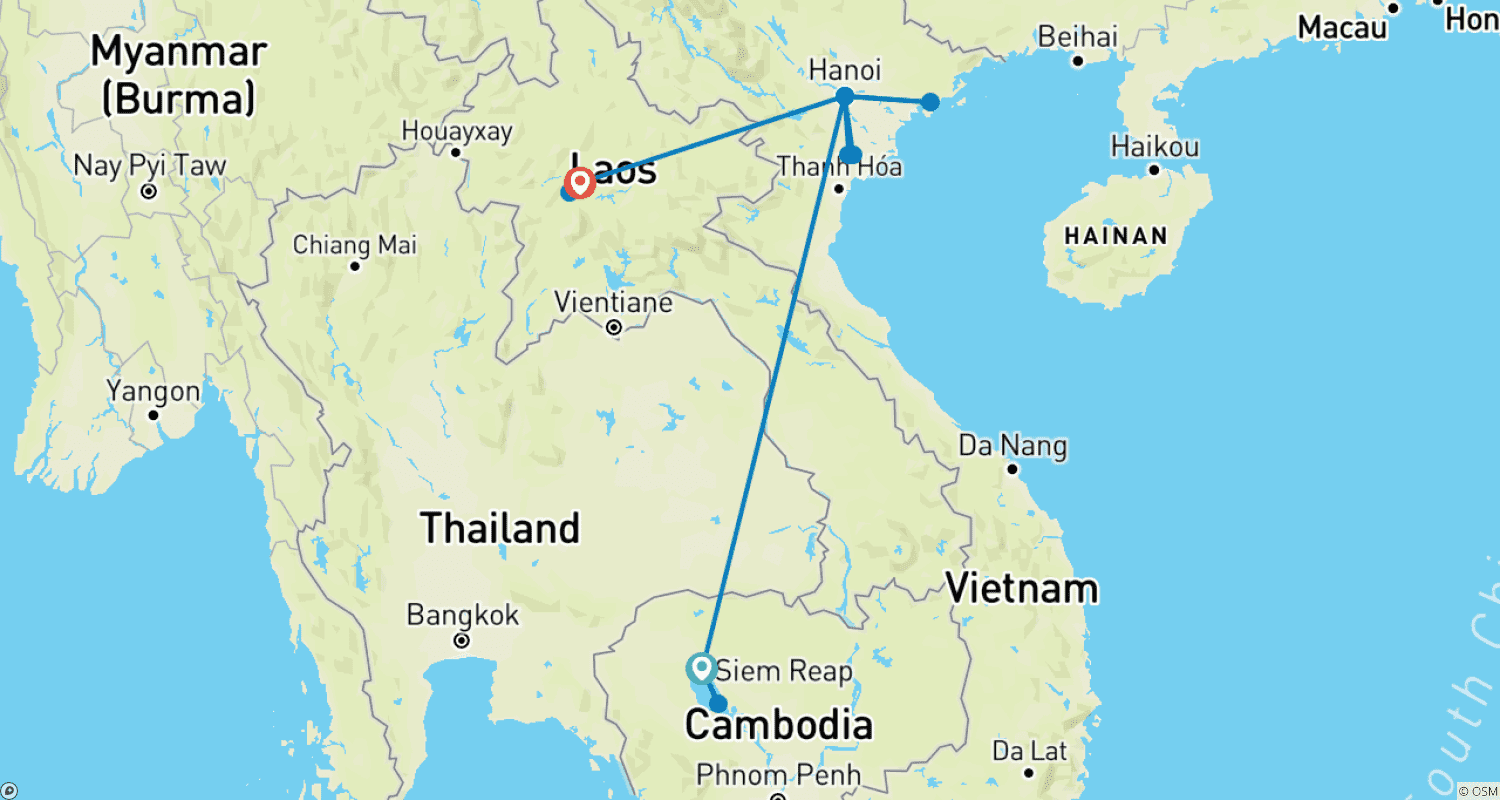 Mapa do percurso de Legado da Indochina 10 Dias - Siem Reap / Halong Bay / Luang Prabang