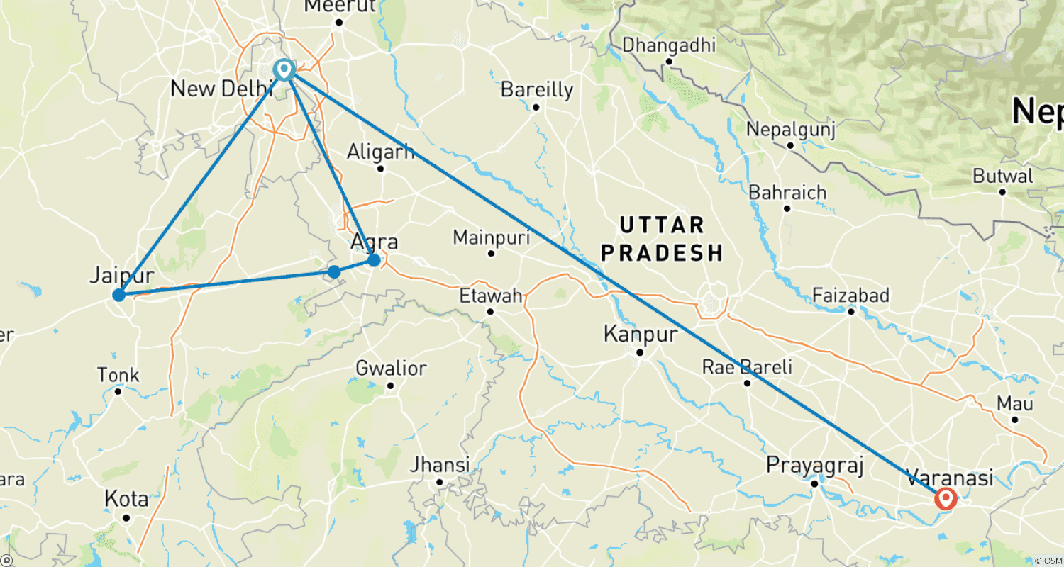 Mapa trasy: Explore Golden Triangle with Varanasi Tour
