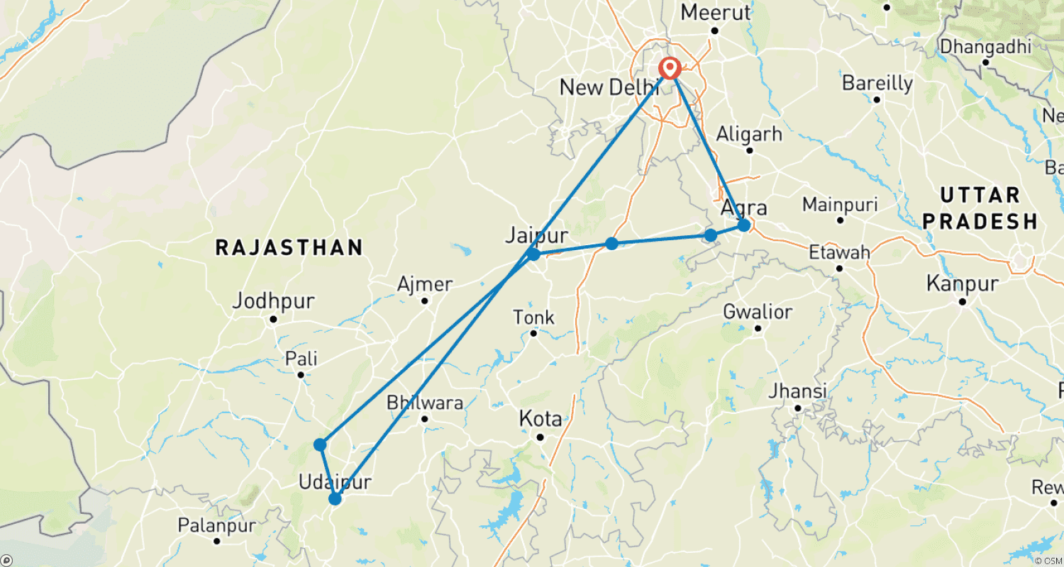 خريطة مسار 7 Days Golden Triangle with Udaipur from Delhi