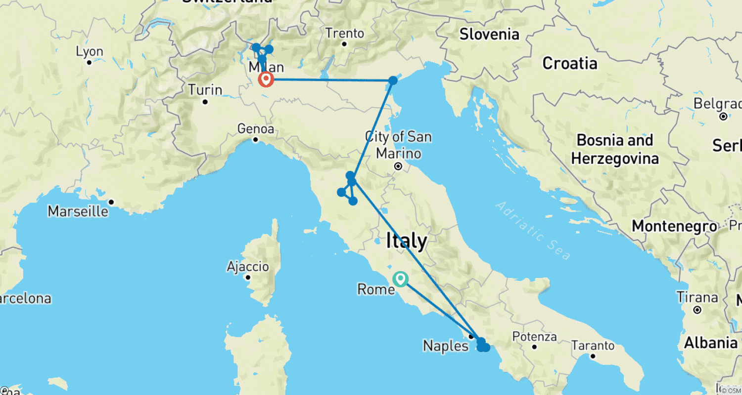 Mapa do percurso de Maravilhas da Itália: Roma, Florença, Veneza e Milão (Semiprivado)