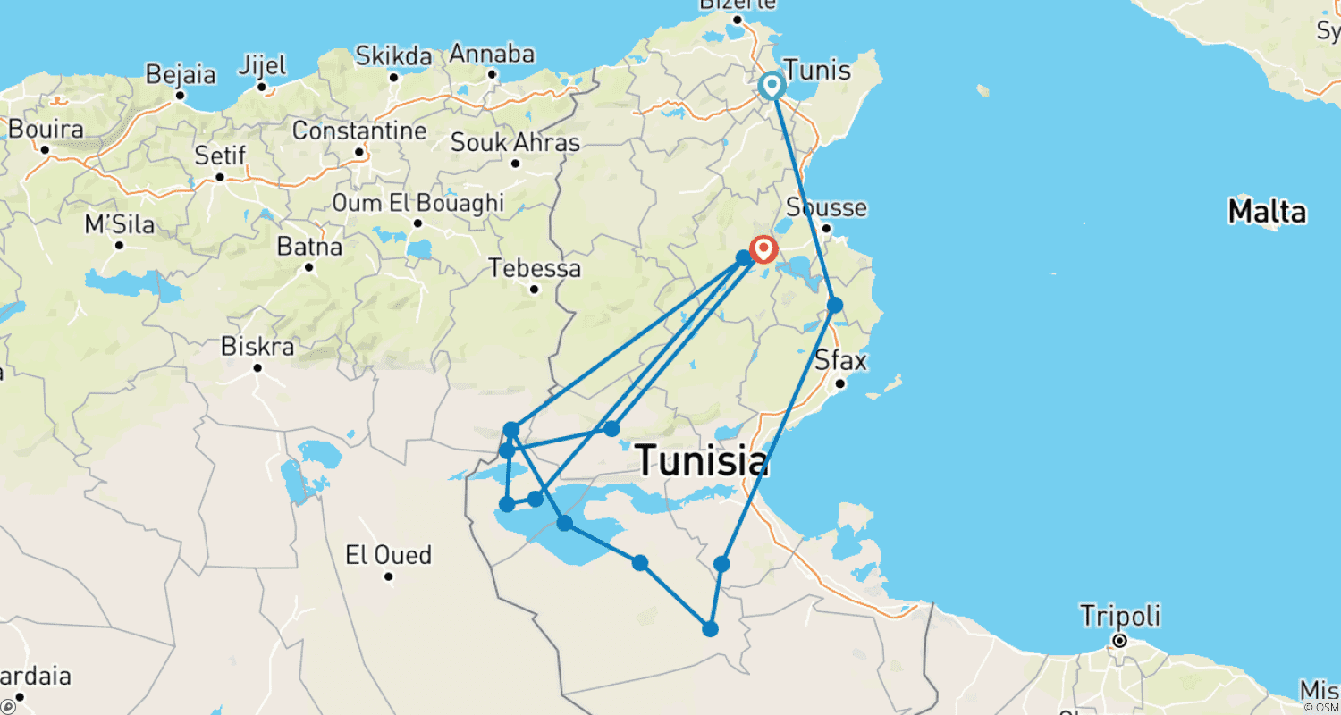 Mapa do percurso de Tunisia Classic Tour 7Days/ 6Nights.