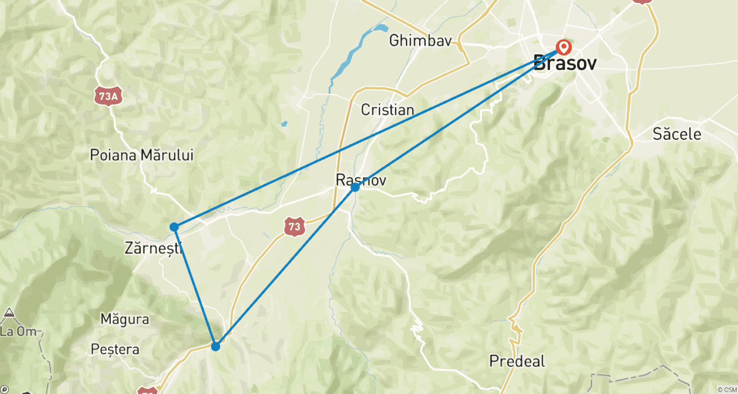 Mapa do percurso de Excursão de um Dia ao Santuário de Ursos Pardos, Castelo de Bran e Fortaleza de Rasnov saindo de Brasov