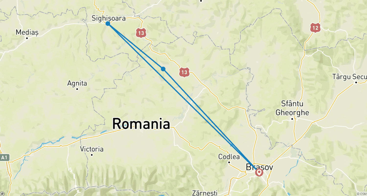 Mapa do percurso de Excursão de um Dia a Viscri e Sighisoara saindo de Brasov