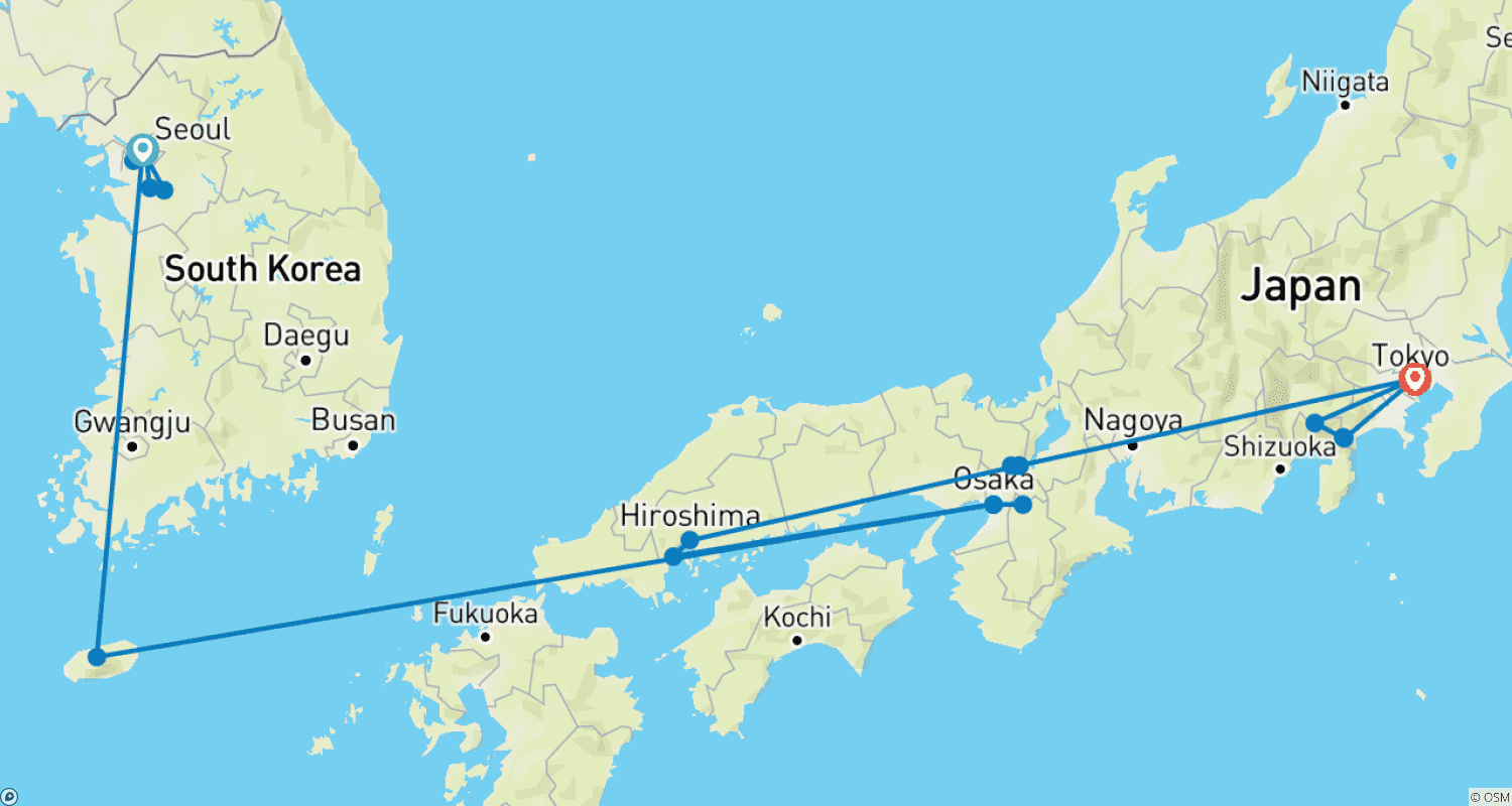 日本と韓国の旅のルートマップ