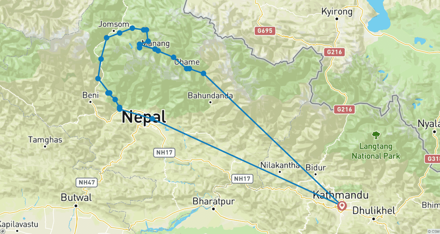 Annapurna Circuit With Tilicho Lake Trek 15 Daysのルートマップ