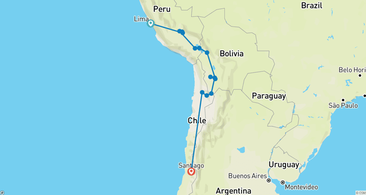 Mapa trasy: LUKSUSOWE ANDY Peru, Boliwia, Chile
