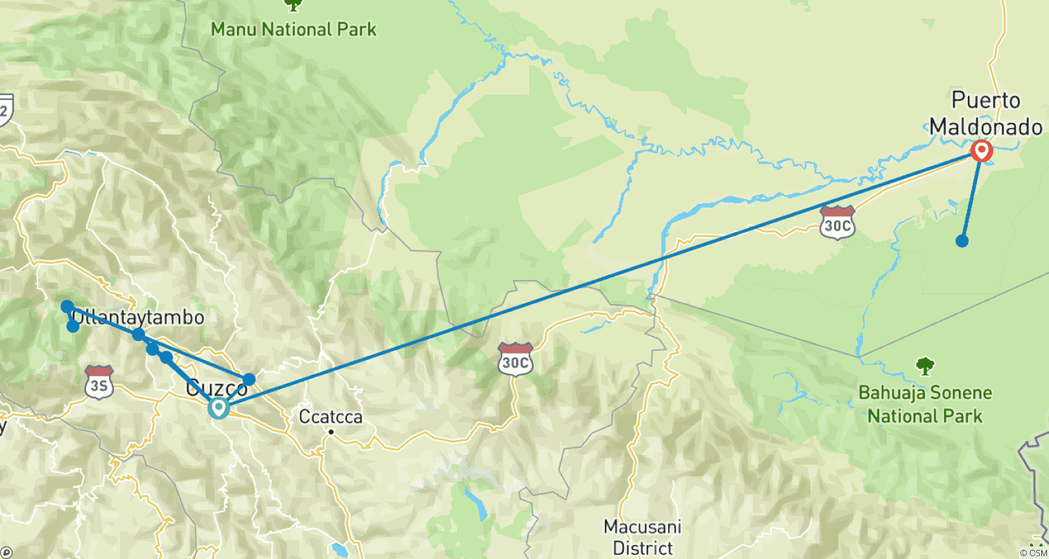 South to Jungle :. Cusco – Tambopata Amazon Jungle 8 daysのルートマップ