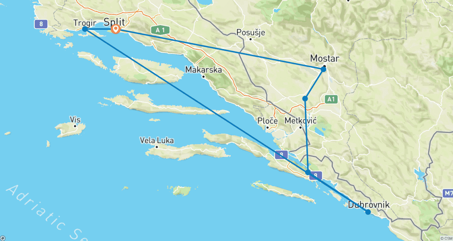 Mapa trasy: Discover Hidden Gems of Split, Mostar, Medjugorje and Dubrovnik, Self-Drive