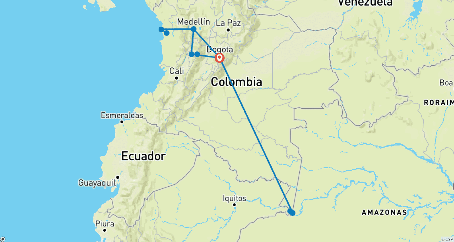 Mapa do percurso de Expedição de Luxo à Colômbia de 16 Dias: Amazônia, Andes e Pacífico | Caiaque e Trekking | 15 de Novembro de 2024 | Opções Privadas Disponíveis
