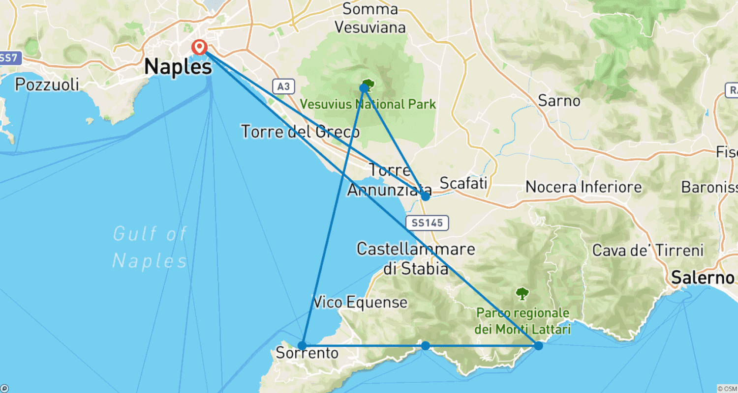 Mapa do percurso de That's Amore | Experiência Privada em Nápoles, Pompeia, Monte Vesúvio e Costa Amalfitana