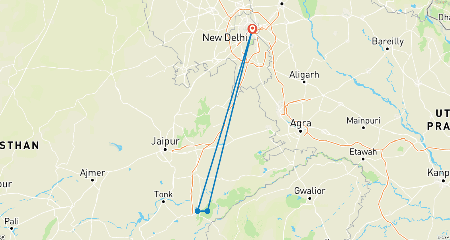 Mapa do percurso de Aventuras: Tour de Safári de Vida Selvagem em Ranthambore saindo de Delhi com Safáris