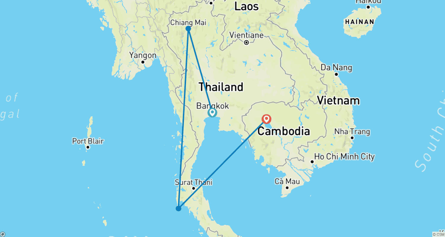 Mapa do percurso de 12 Dias Desvendando as Lendas da Tailândia e do Camboja