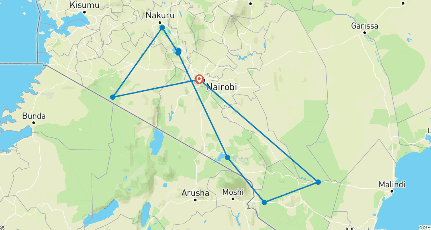 Mapa do percurso de Safári Econômico de 9 Dias para Descobrir os Parques do Quênia