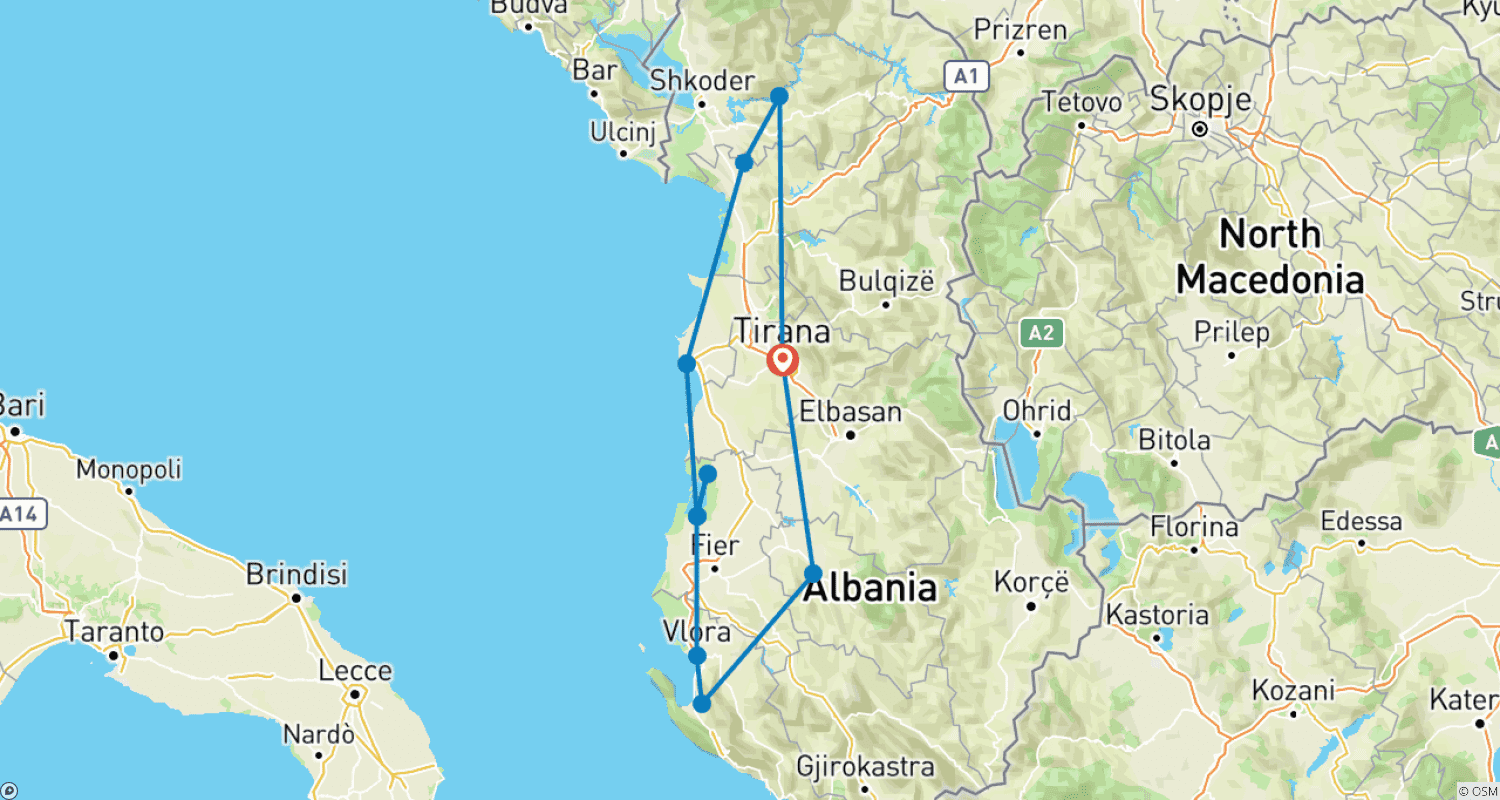Mapa do percurso de Aventura na Albânia