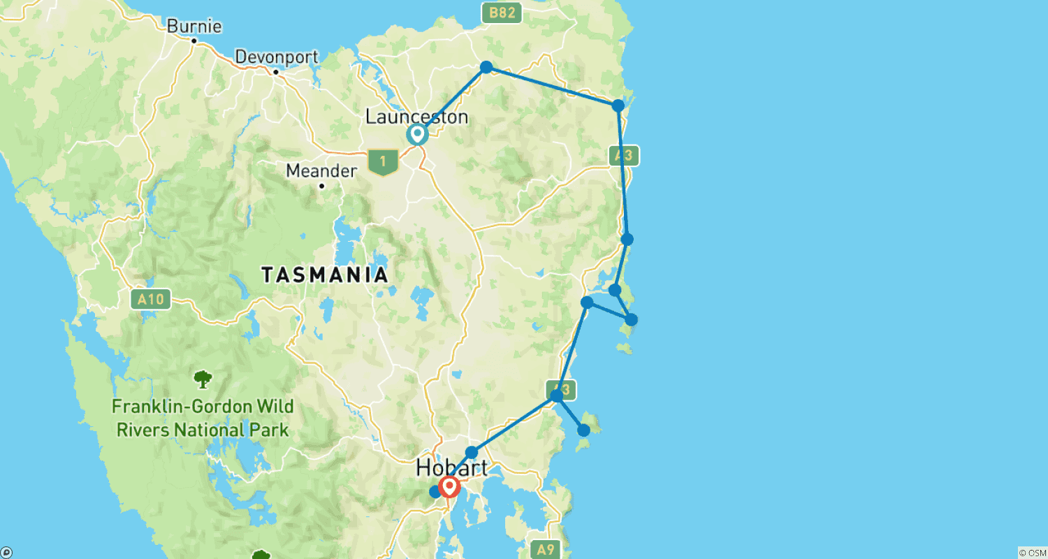 Mapa do percurso de Hobart, Tasmânia ~ Dia de São Patrício ~ CICLISMO DE ESTRADA Guiado (Tudo Incluído)