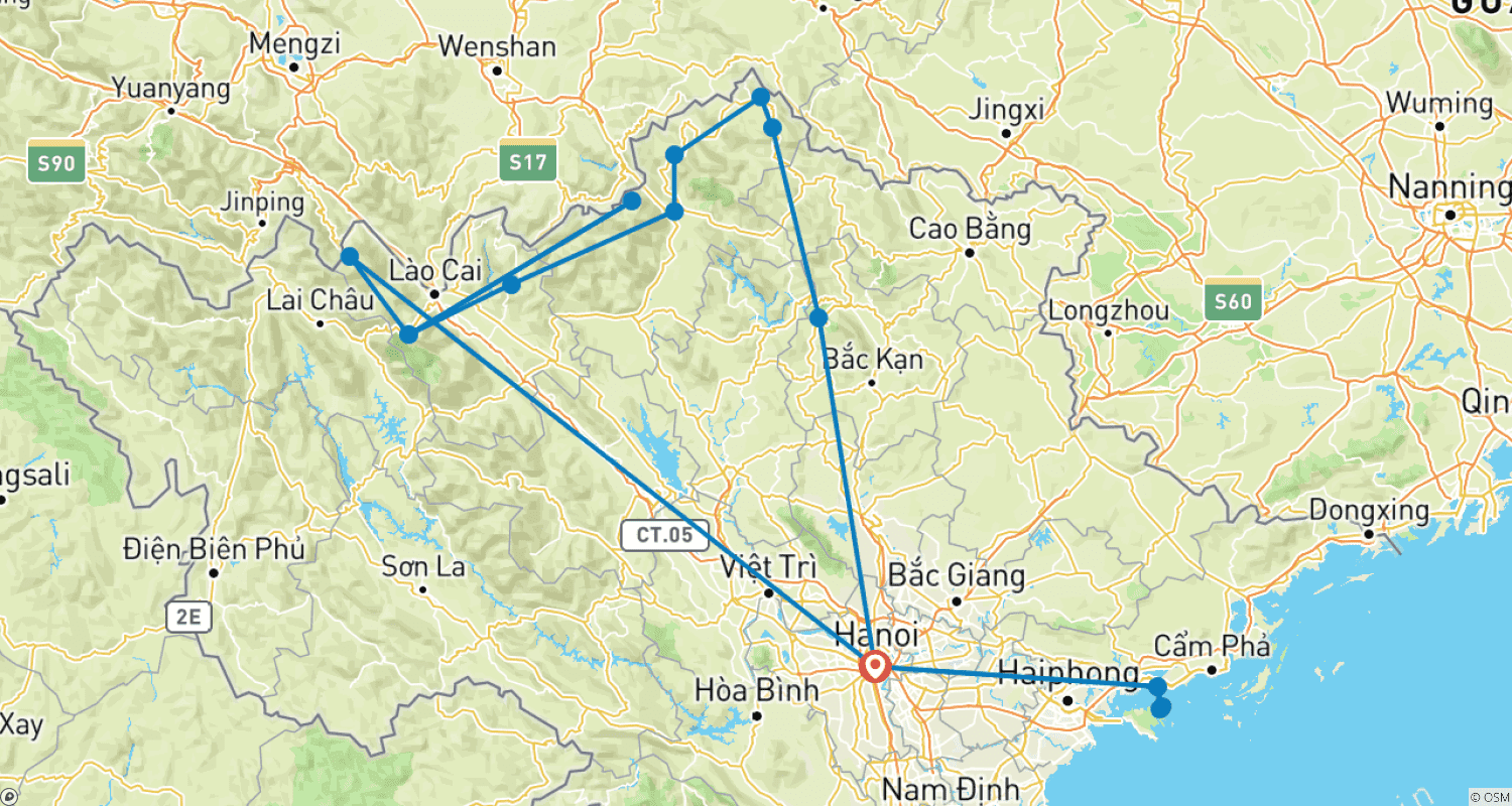 Mapa do percurso de Da Montanha à Praia 13 Dias: Hanói - Parque Nacional Ba Be - Ha Giang - Sapa