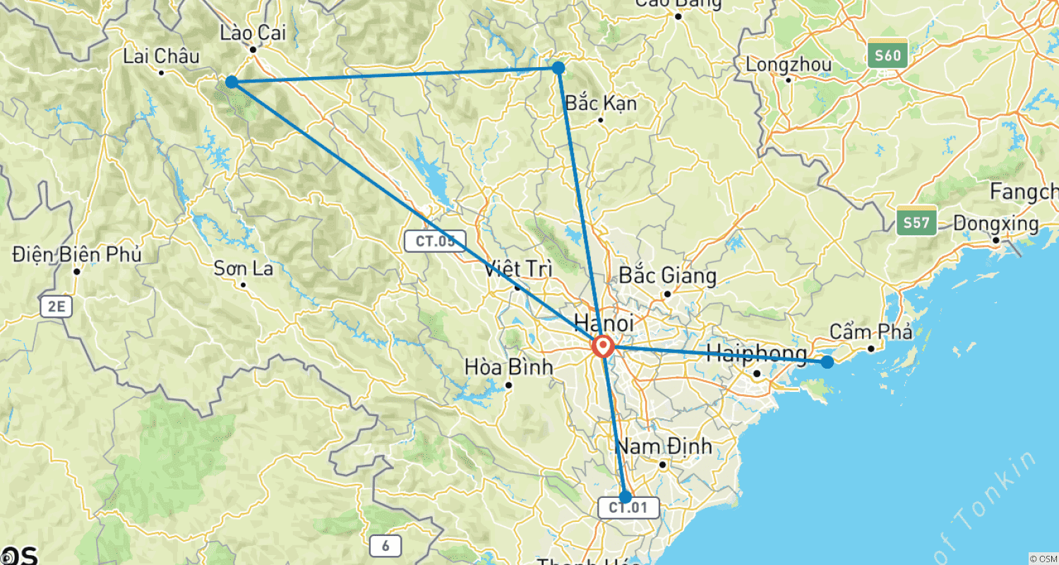 Mapa trasy: Esencja Północnego Wietnamu 9 Dni: Hanoi - Ninh Binh - Jezioro Ba Be - Sapa - Zatoka Ha Long