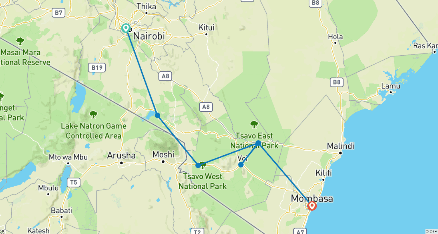 Mapa do percurso de 4-Day Midrange Amboseli/Tsavo West/Tsavo East Safari