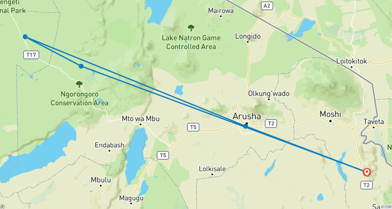 Mapa do percurso de Safári de 4 Dias na Tanzânia - Arusha + Cratera de Ngorongoro + Serengeti