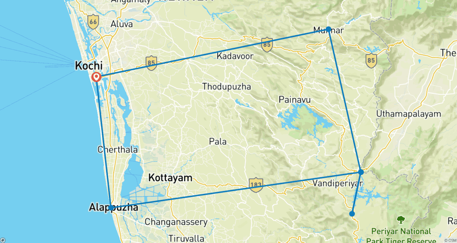 Mapa do percurso de Kerala Abençoada com Hotéis Premium