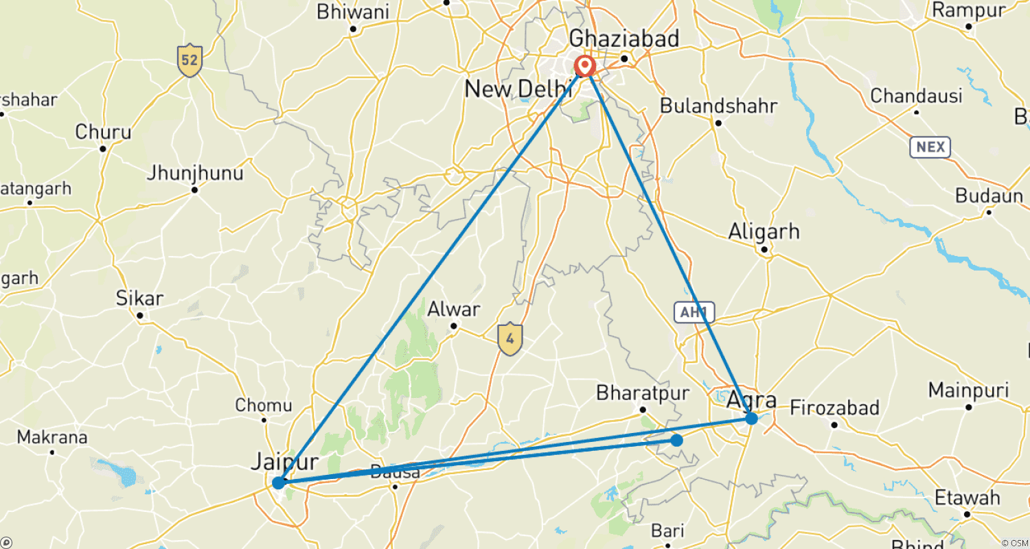Mapa do percurso de Tour Triângulo Dourado da Índia Mais Vendido com Todas as Refeições e Nascer do Sol no Taj Mahal!!