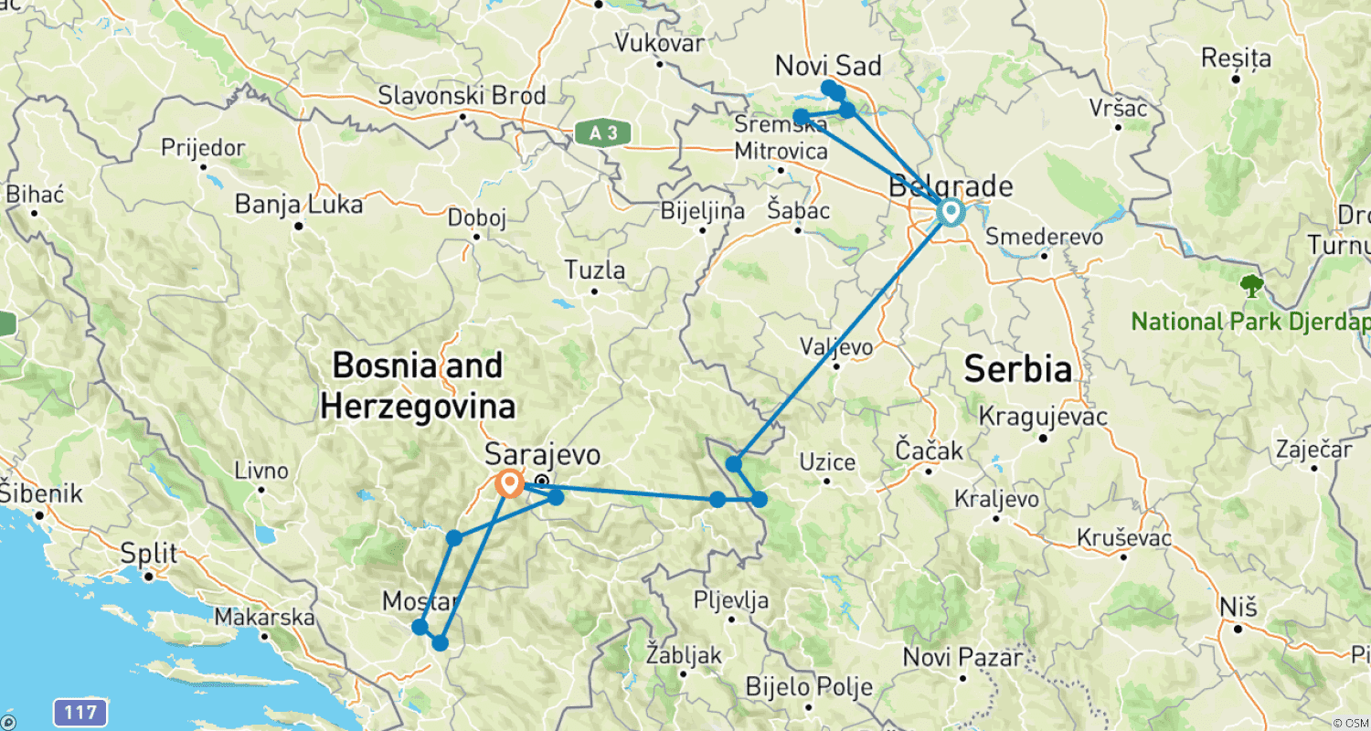 Serbia and Bosnia & Herzegovina in 7 Days Private Tourのルートマップ