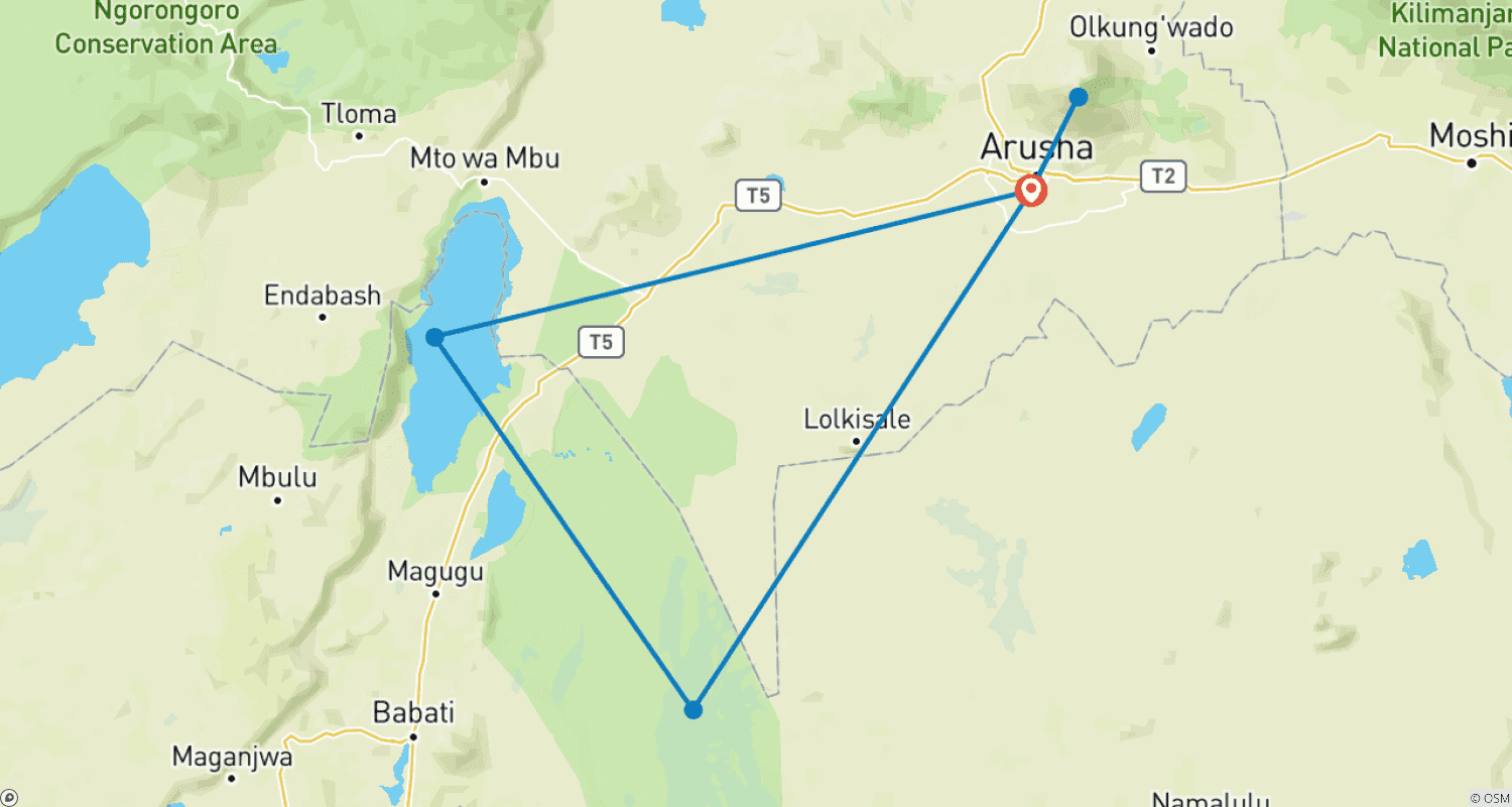 Mapa trasy: 3 Dni - Arusha NP, Tarangire & Manyara