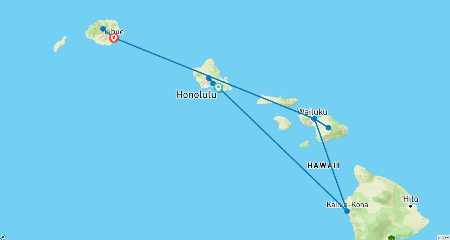 Mapa do percurso de Grande Aventura Havaiana Quatro Ilhas com O'ahu, Big Island, Maui e Kauai (Honolulu, HI a Lihue, HI) (2026)