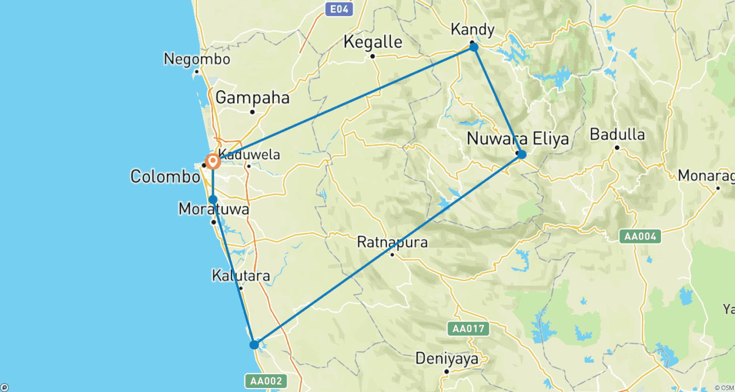 Mapa do percurso de Viagem de Lazer no Sri Lanka