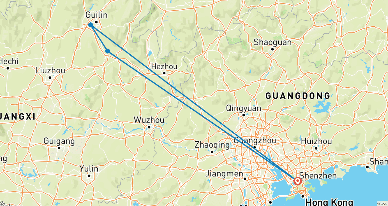 Mapa trasy: Explore Longji & Guilin by bullet train from Shenzhen 7D