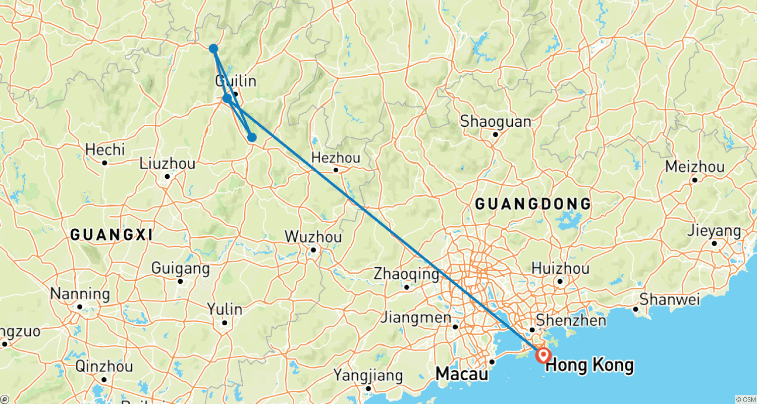 Mapa do percurso de Explore Longji e Guilin de trem-bala a partir de Hong Kong em 5 Dias