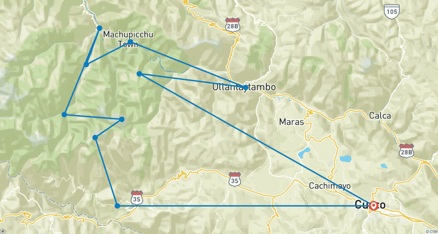 Mapa do percurso de Trilha Curta Salkantay para Machu Picchu – 4 Dias / 3 Noites