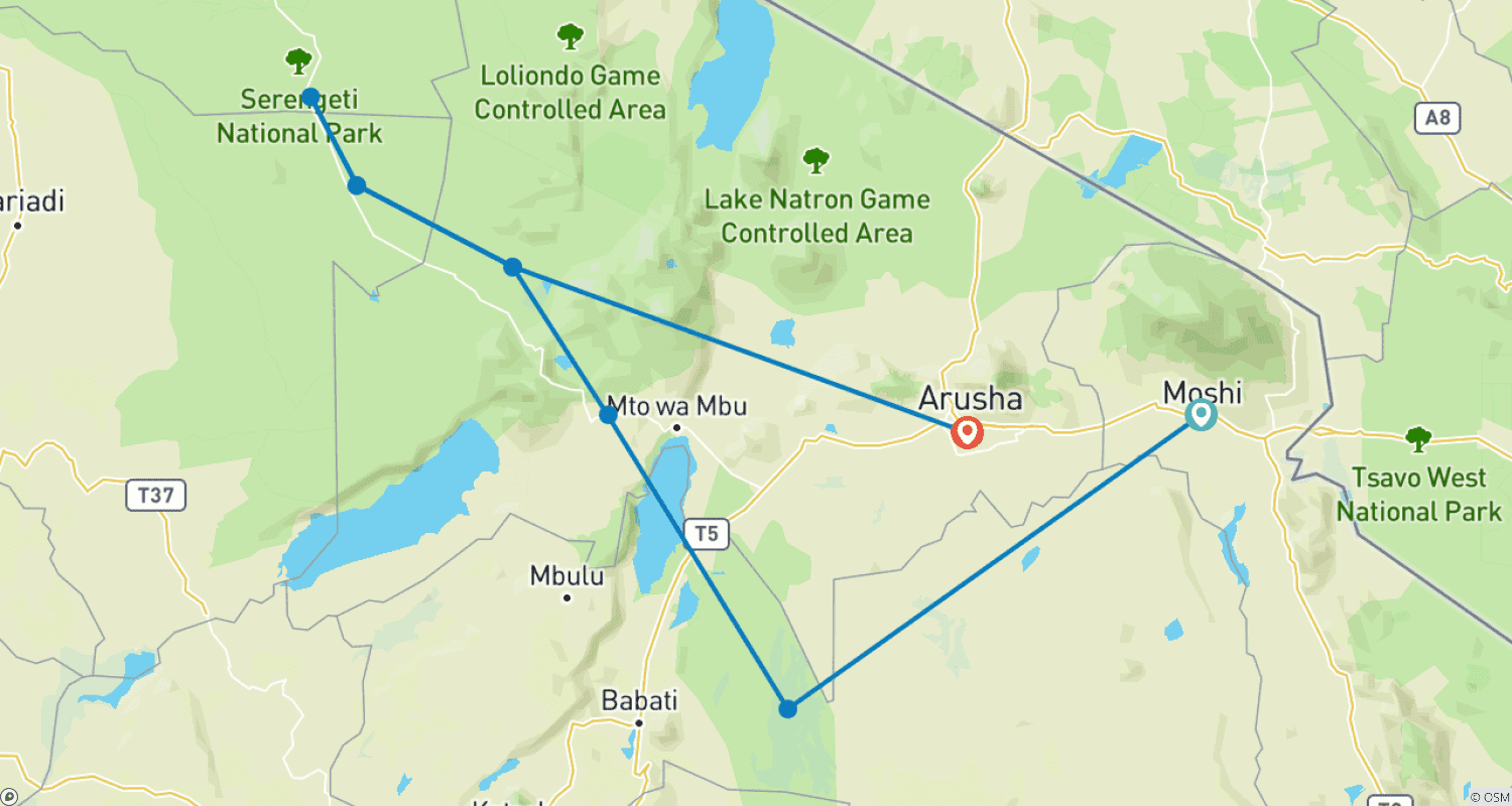 Mapa trasy: Big Five Tanzania Camping Safari ( Tarangire, Serengeti National Park and Ngorongoro Conservation Area ) (all accommodation and transport are included) 5 Days