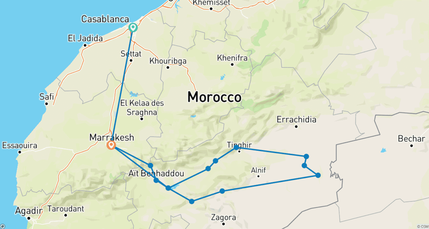 Mapa trasy: 4-dniowa prywatna wycieczka po pustyni z Casablanki do Marrakeszu