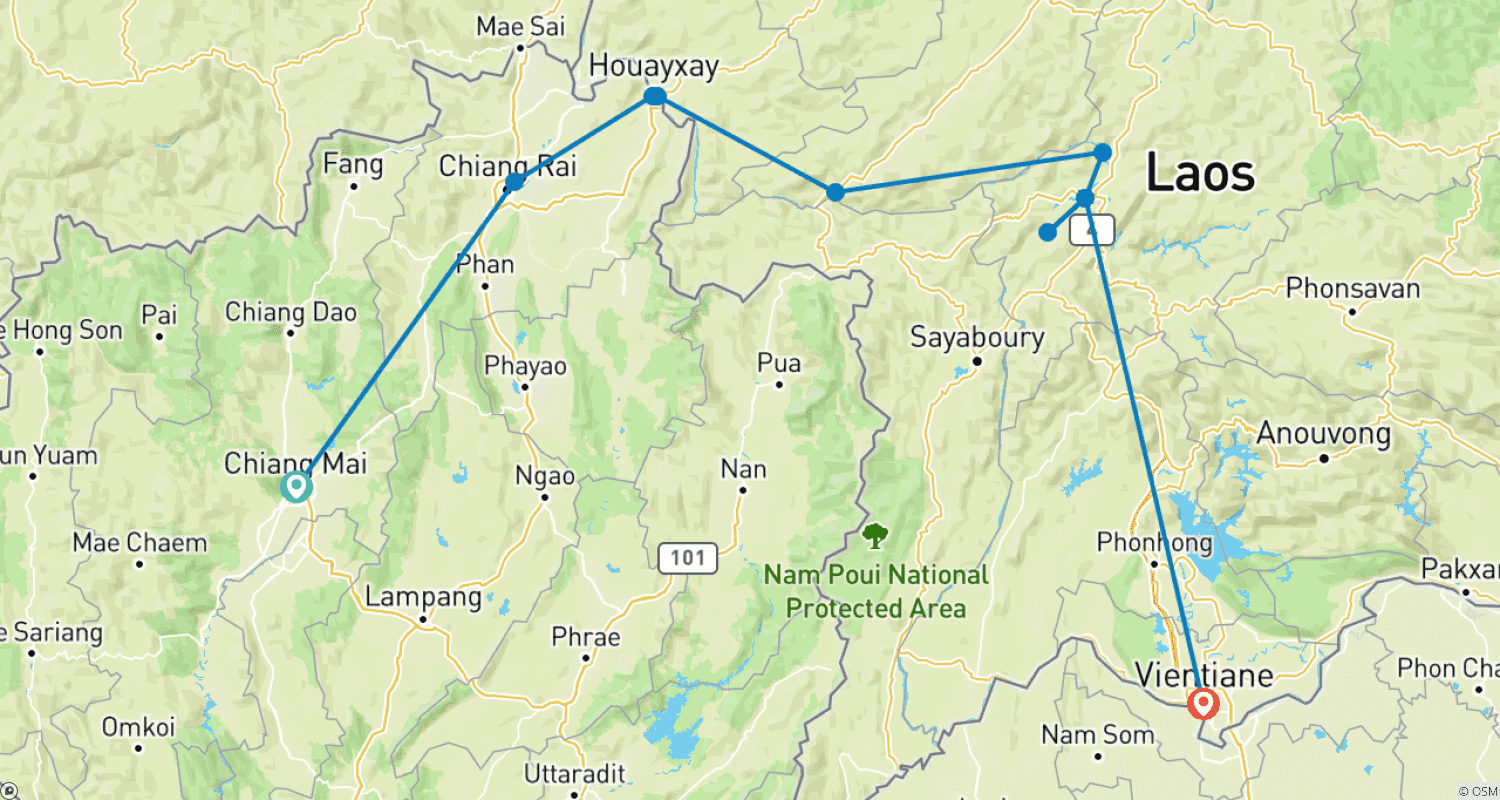 Mapa do percurso de Passeio de Cruzeiro em Chiang Mai para Pak Beng, Luang Prabang e Vientiane – 8 Dias