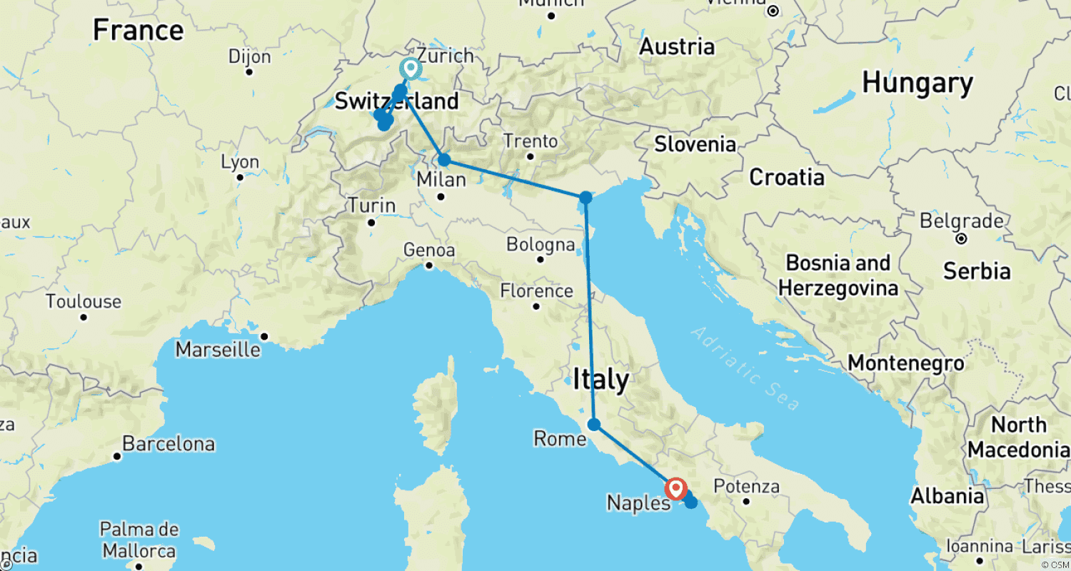 スイスとイタリア、アマルフィ海岸を巡る旅のルートマップ