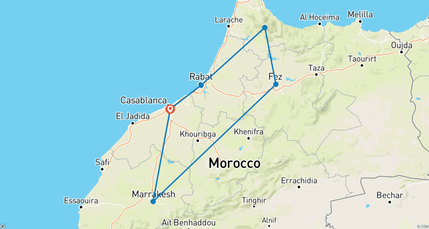 Mapa do percurso de Excursão de 9 dias pelas Cidades Imperiais de Marrocos e Chefchaouen