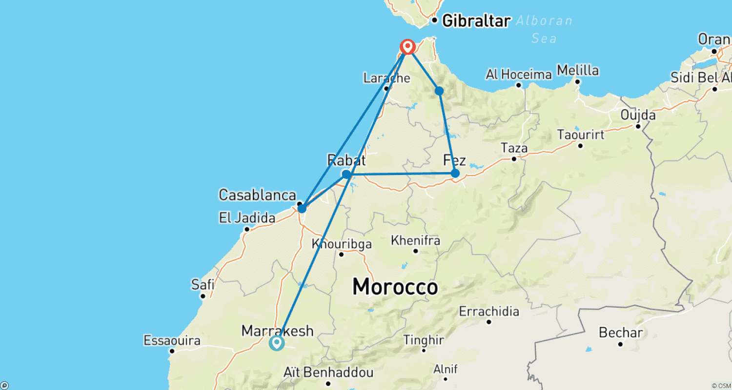 خريطة مسار جولة ملكية وشمال المغرب لمدة 9 أيام