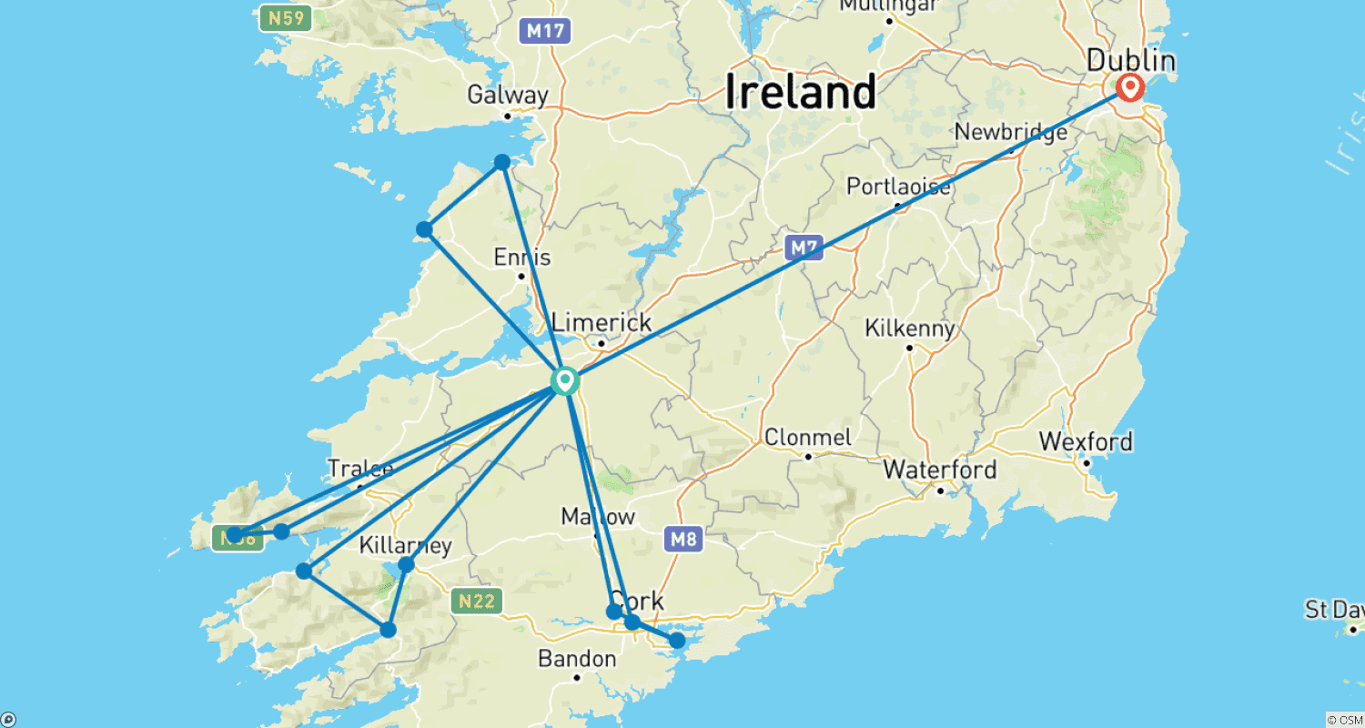 Mapa trasy: Południowa Irlandia: Wycieczki jednodniowe - 8 dni/7 nocy