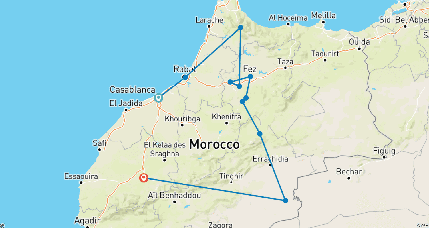 Mapa trasy: 5-dniowa wycieczka z Casablanki do Marrakeszu (prywatna)