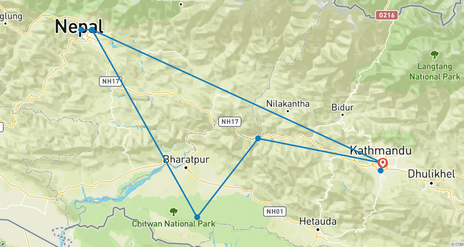 Mapa do percurso de Passeio de Aventura no Nepal com Rafting, Parapente, Salto de Bungee, Tirolesa - 10 dias