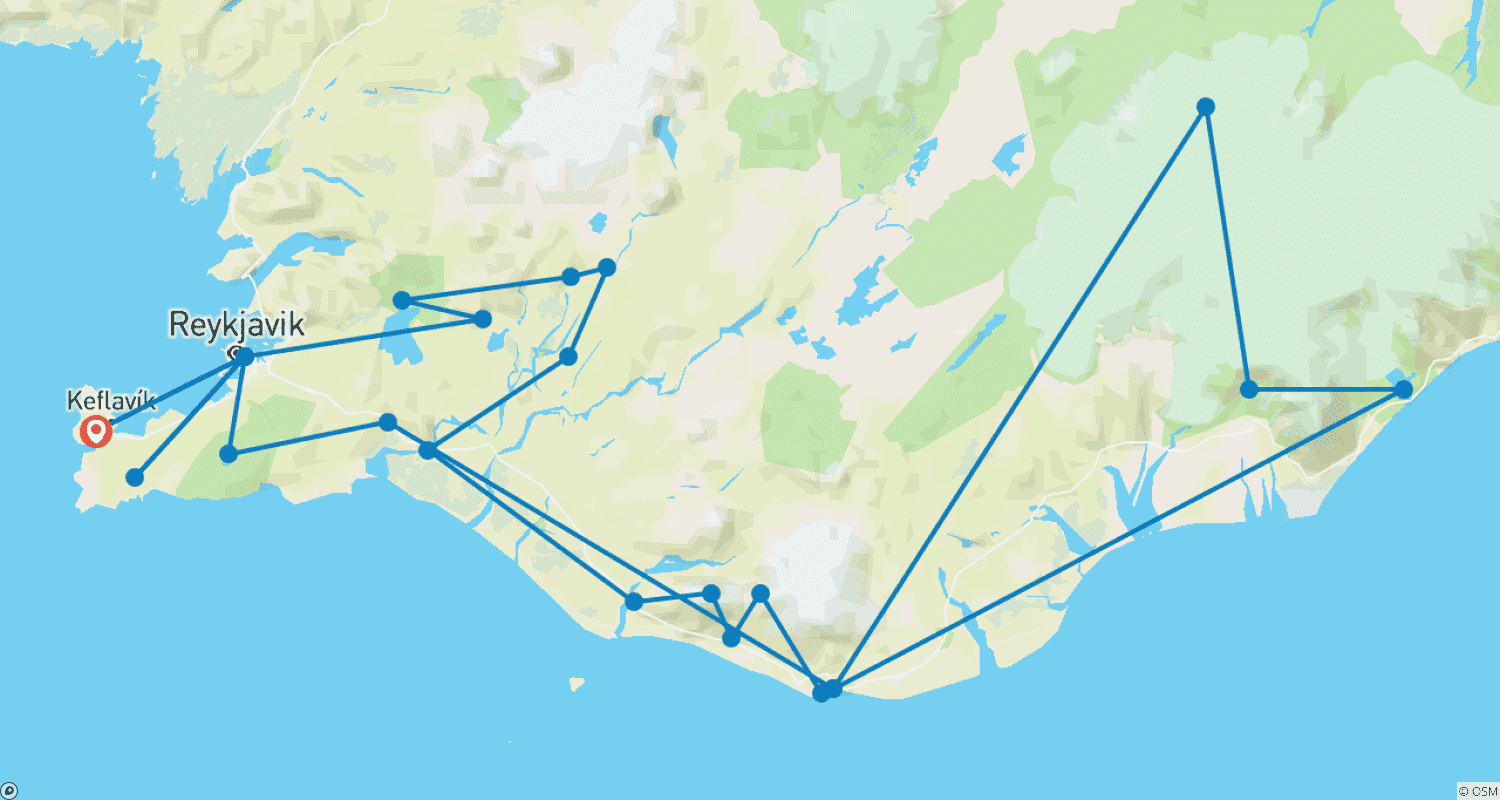 Mapa do percurso de Luzes da Islândia - fly & drive