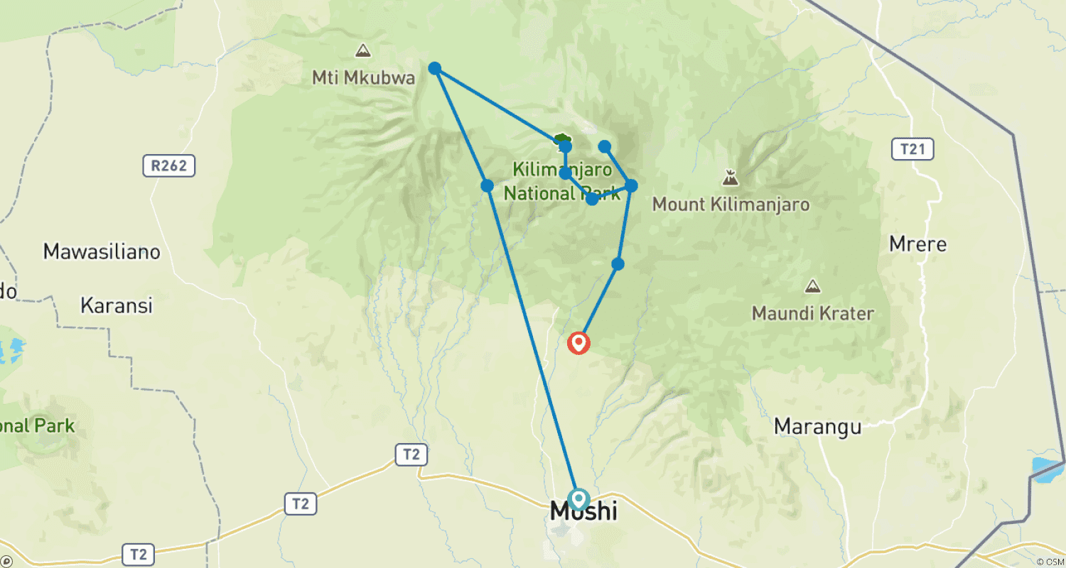 Mapa do percurso de Rota Machame: 7 Dias de Escalada no Monte Kilimanjaro
