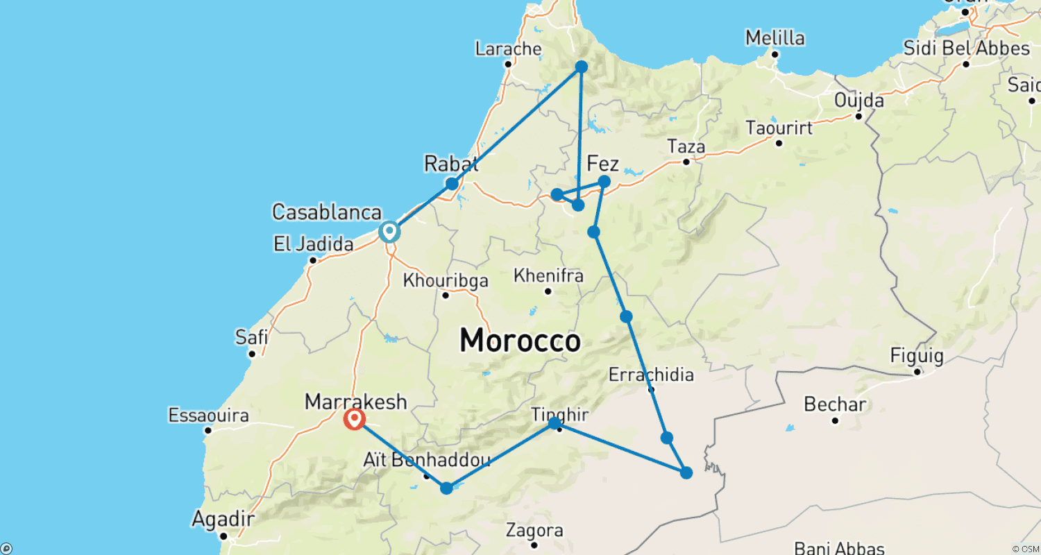 خريطة مسار رحلة المغرب لمدة 9 أيام